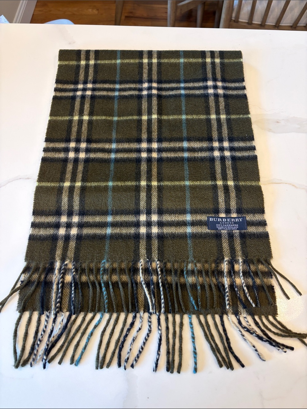 Burberry Olive Plaid Scarf with Blue and Cream Stripes